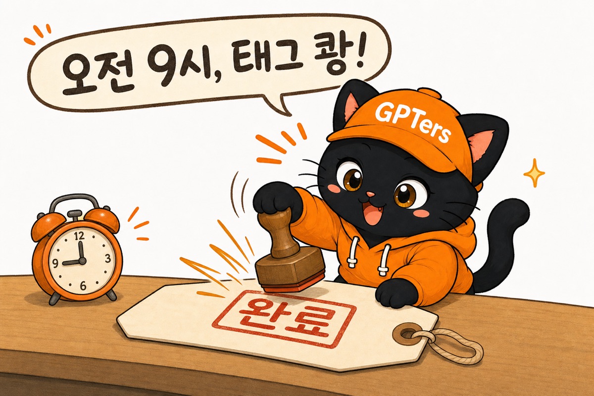 오전 9시 전에 태그 도장을 찍는 뽀짝이
