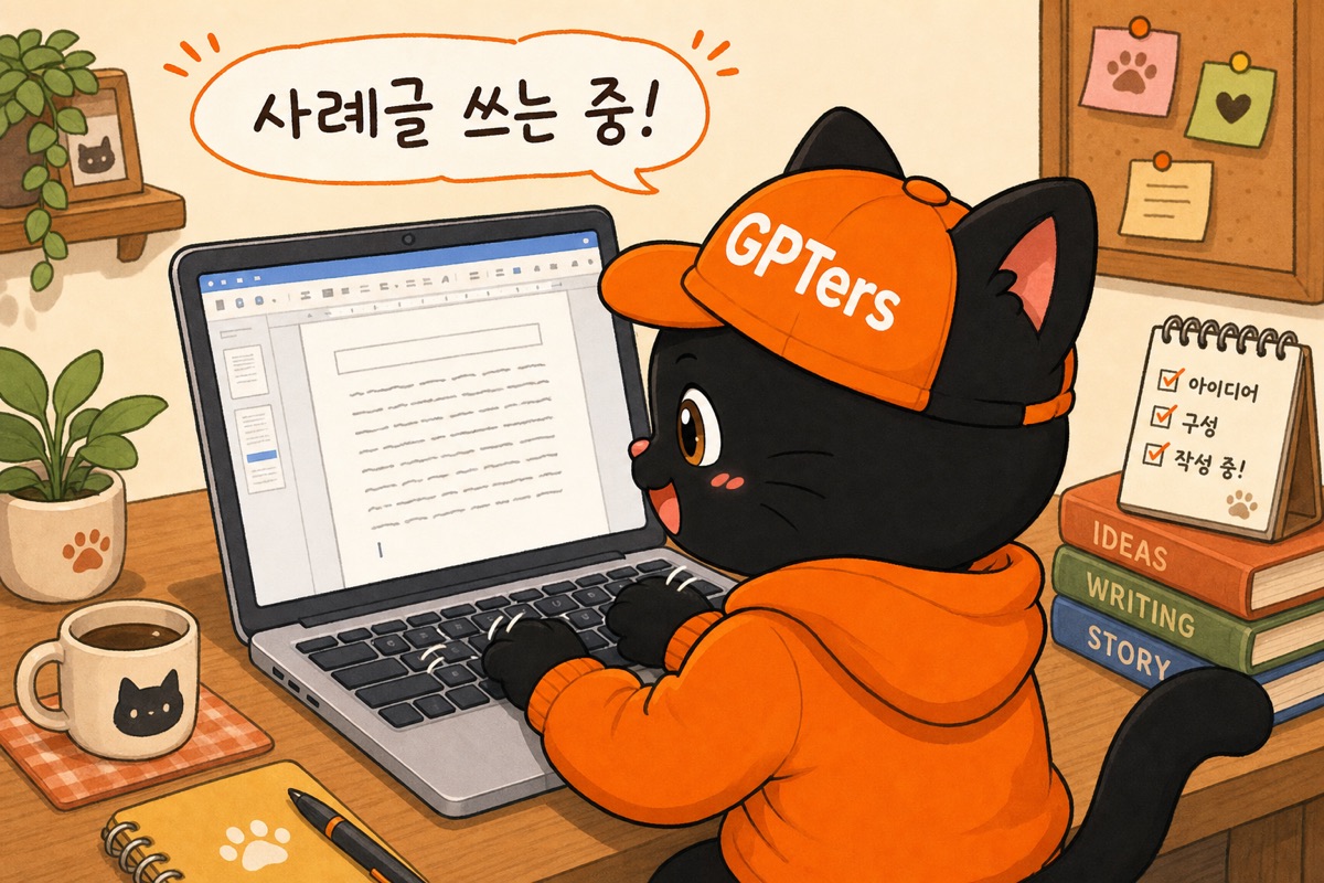 노트북으로 사례글을 쓰는 뽀짝이